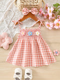 Vestido rosa xadrez para bebê menina com suspensórios, faixa de cabelo com laço