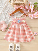 Vestido rosa xadrez para bebê menina com suspensórios, faixa de cabelo com laço