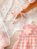 Vestido rosa xadrez para bebê menina com suspensórios, faixa de cabelo com laço