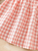 Vestido rosa xadrez para bebê menina com suspensórios, faixa de cabelo com laço