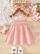 Vestido rosa xadrez para bebê menina com suspensórios, faixa de cabelo com laço