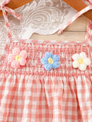 Vestido rosa xadrez para bebê menina com suspensórios, faixa de cabelo com laço